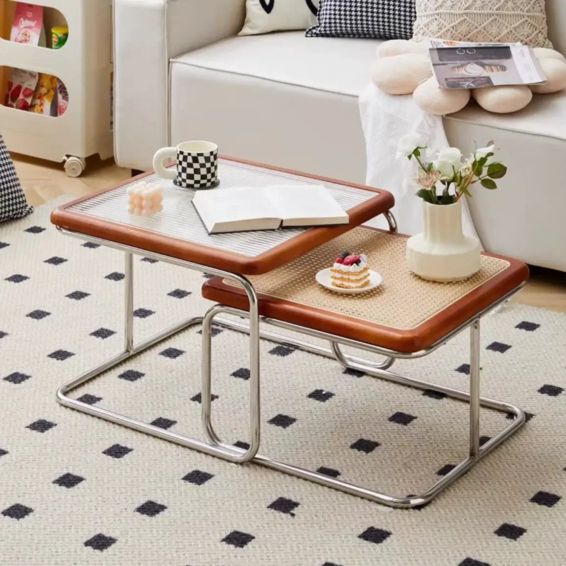 Nordic Rattan Combination Coffee Sofa Table Set Stainless Steel Solid Wood Glass Combination Modern Simple Style Wood Tables