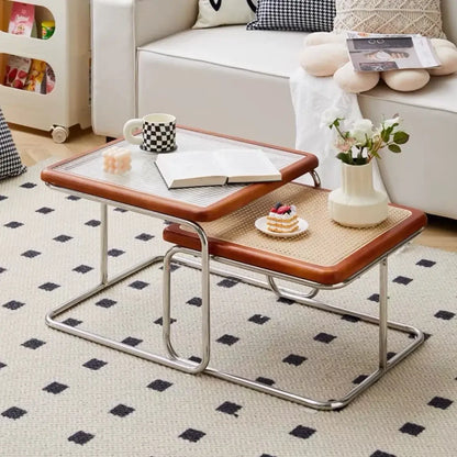 Nordic Rattan Combination Coffee Sofa Table Set Stainless Steel Solid Wood Glass Combination Modern Simple Style Wood Tables