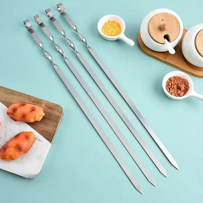45/55cm BBQ Fork Wood BBQ Skewers Long Handle Kebab Barbecue Grill Sticks Reusable Stainless Steel Outdoor Camping Grill Needle