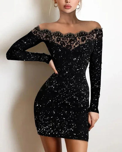 Women Elegance, Leisure, Sexy Long sleeved Lace Edge, One Shoulder Silver Powder Sprinkled Dress