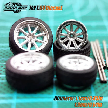 Kicarmod 1/64 Model Car ABS Wheels with Rubber Tire Metal Rims Front Small Rear Large Refitting Parts For Model Car