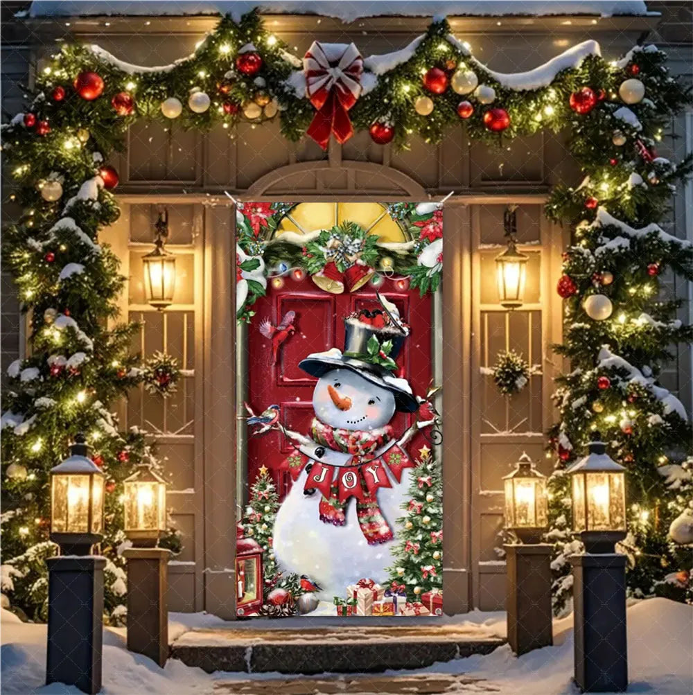 Christmas Theme Santa And Elk Backdrops Snowman Hanging Door Banner Indoor Outdoor Veranda Xmas Curtain Cover Festive Supplies