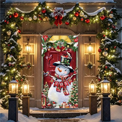 Christmas Theme Santa And Elk Backdrops Snowman Hanging Door Banner Indoor Outdoor Veranda Xmas Curtain Cover Festive Supplies