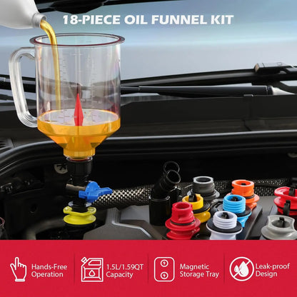 18-Piece Engine Oil Funnel Set, 1.59 Qt Automotive Oil Funnel Kit with 12 Adapters, Elbow Fitting, Arrow Screen Magnetic Storage