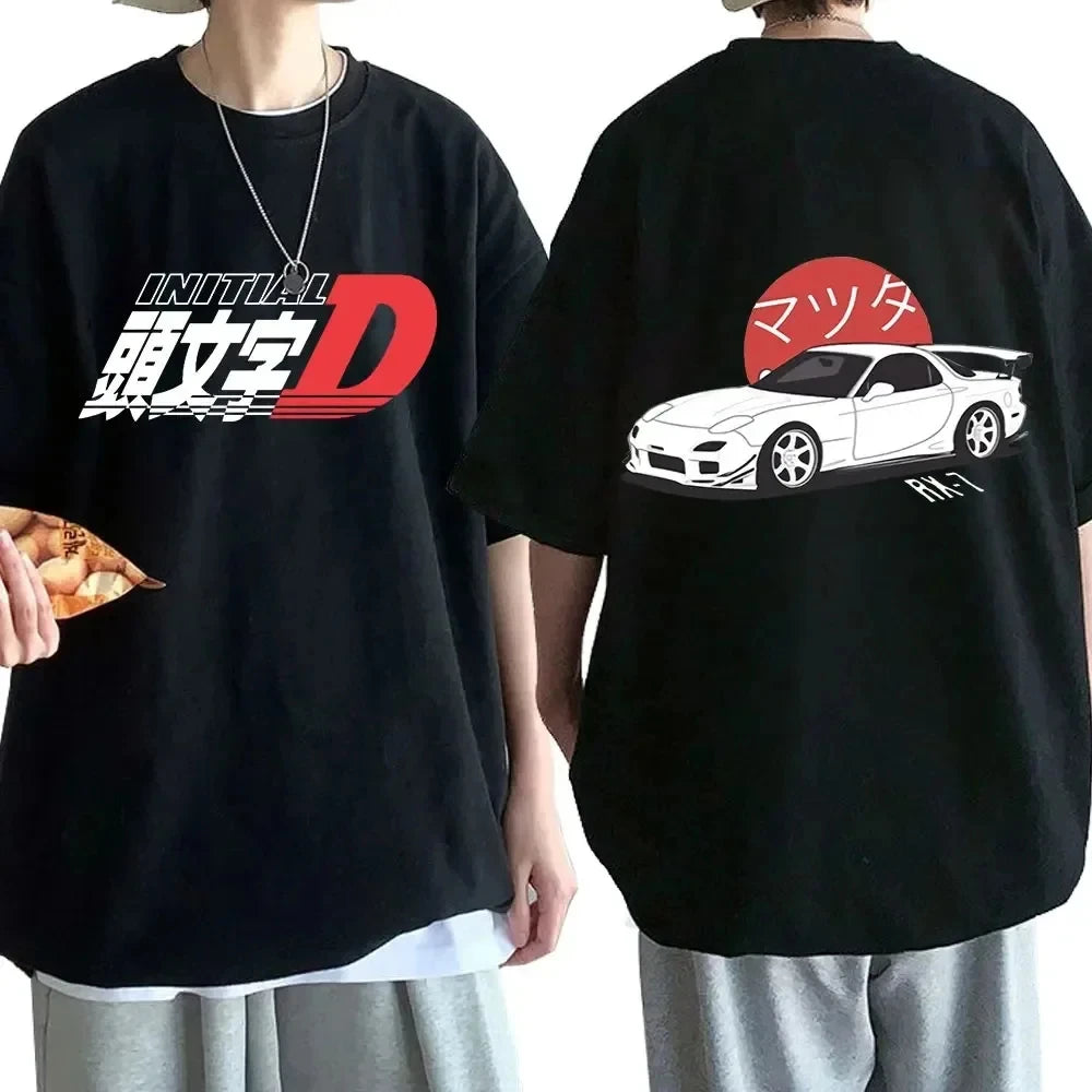 Anime Drift AE86 Initial D Double Sided T Shirt O-Neck Short Sleeves Summer Unisex R34 Skyline GTR JDM Manga T-Shirts 71775