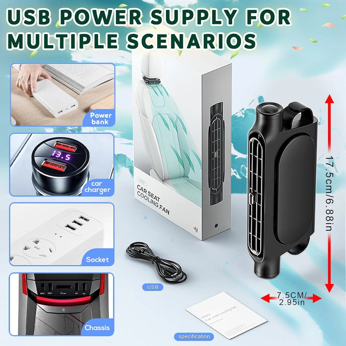 Yanace 12V Car Seat Fan Headrest Cooling Blower USB Strong  Universal Summer Artifact  Passenger Cool Conditioner Accessories
