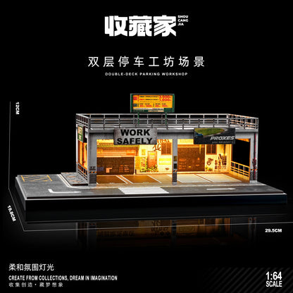 1:64 Scale Car Garage Diorama Model Assemble LED Lighting Car Parking Lot Backdrop Display Scene Model Toy Collection Gift
