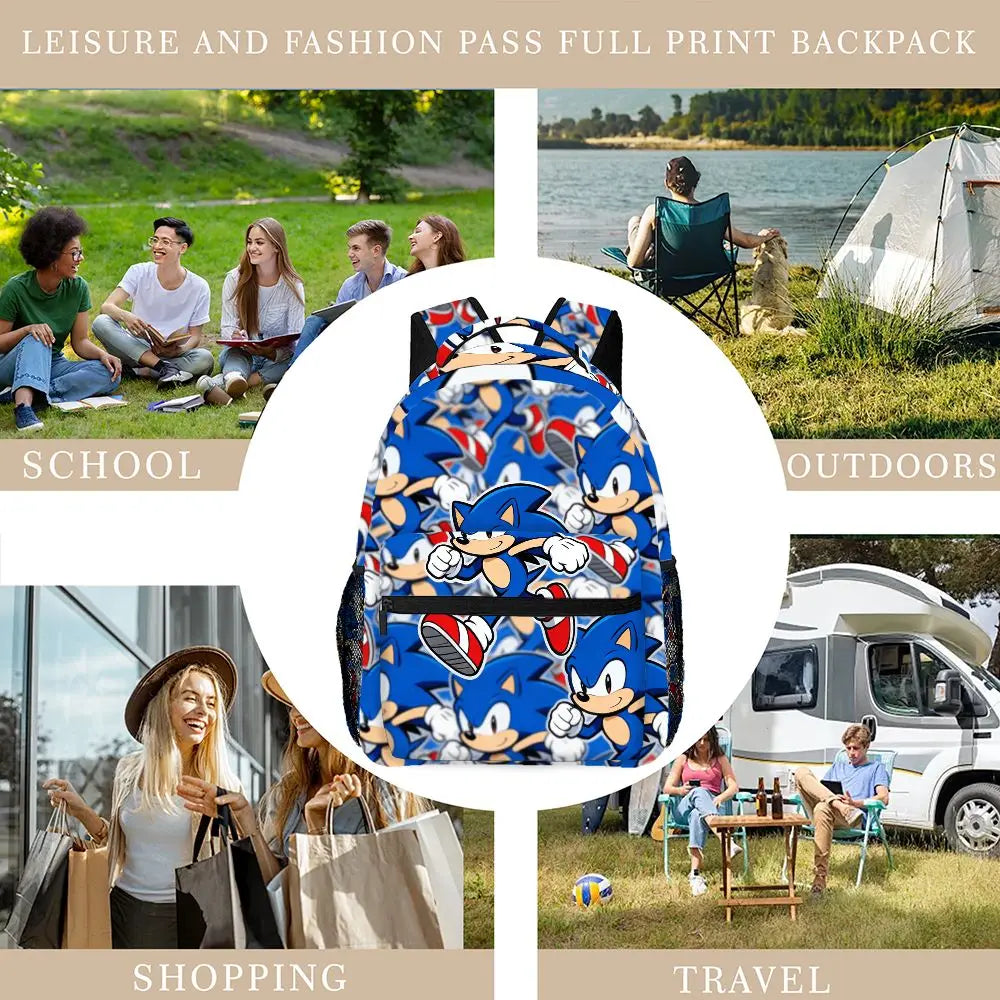 Cute Sonic The Hedgehog All Over Print Backpack Durable Casual Daypack With Mesh Pocket For School Picnic Travel