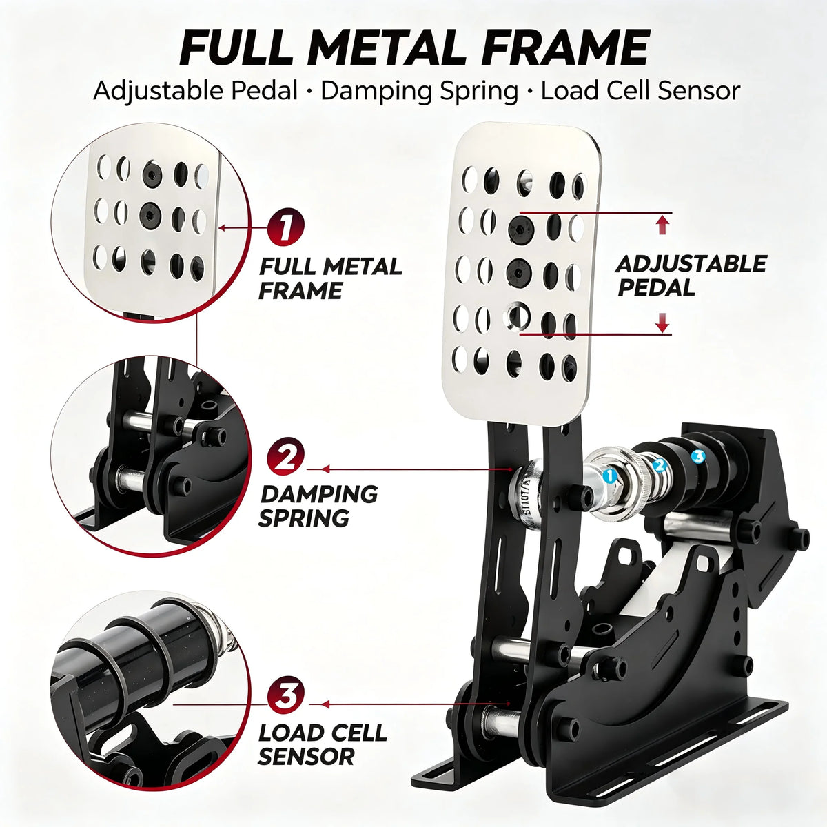 Simruito Sim Racing Pedals, 200kg Load Cell 3 Pedal Set, USB Simracing Pedals Adjustable Brake, Black/Silver for PC Simulator