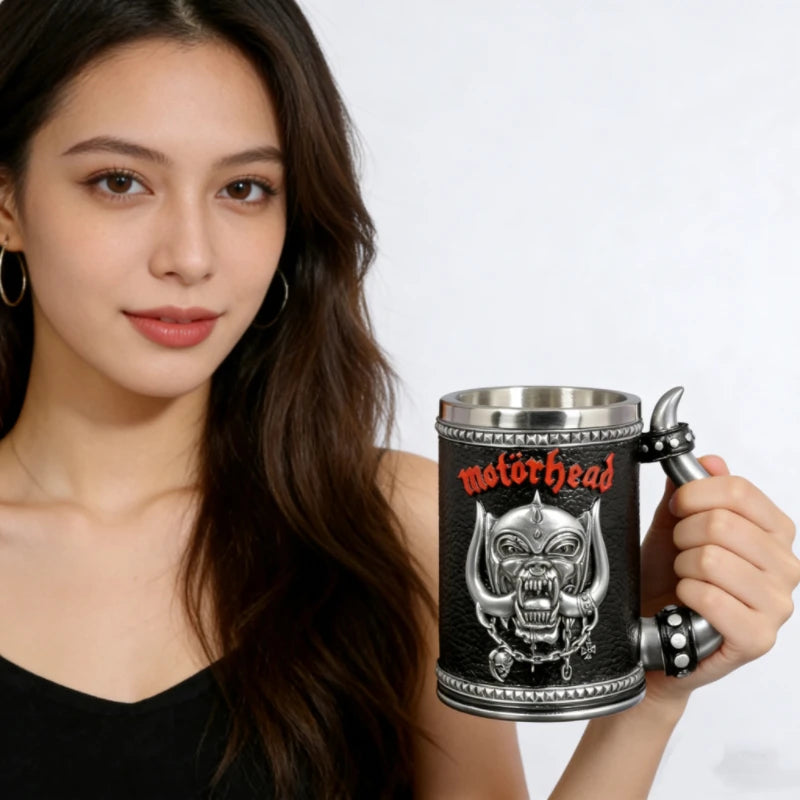 Premium Quality Gothic Skull Mug - 3D Embossed Relief Design, Stainless Steel Inner Liner, Ergonomic Horn Handle
