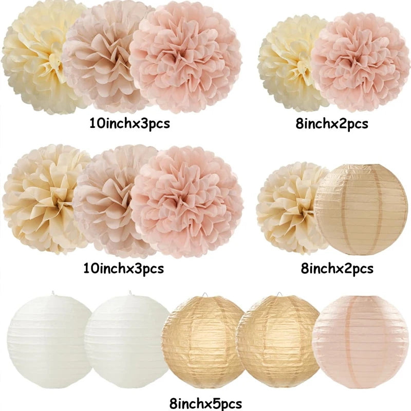 Champagne Gold and White Party Decorative Paper Flower Lanterns - 15 Pieces Bohemian Autumn Rustic Paper Tissue Pom-Poms with Ribbons, Wedding Baby Bridal Shower Unisex Autumn Birthday Hanging Decorations