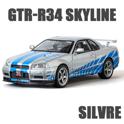 1:32 GTR Modified SKYLINE Supercar Alloy Car Diecast Metal Vehicle Model Sound Light Kids Toy Boy Gift CollectFast Furious Ornam