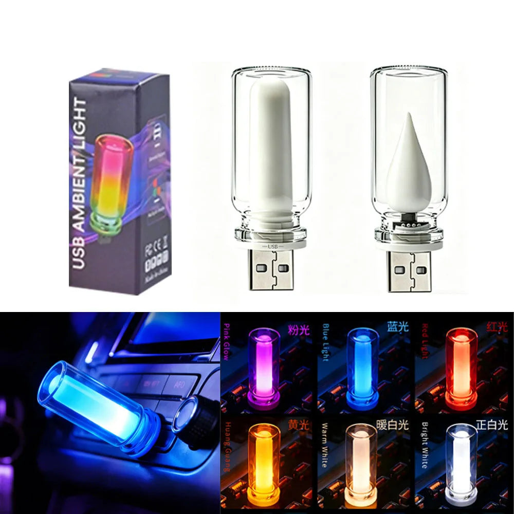 RGB Dynamic LED Touch Ambient Light Candle Type Night Light Clear Glass Flickering Flame Light USB Car Interior Accessories