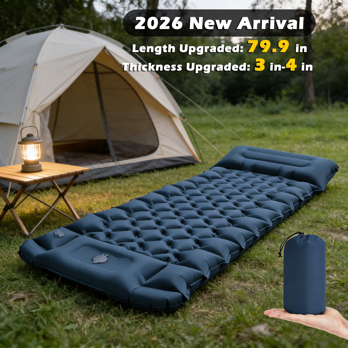 2026!Thicken Camping Mat Inflatable Mattress Sleeping Bed Tent Moisture-Proof Built-in Foot Pump Sleeping Pad with Pillow