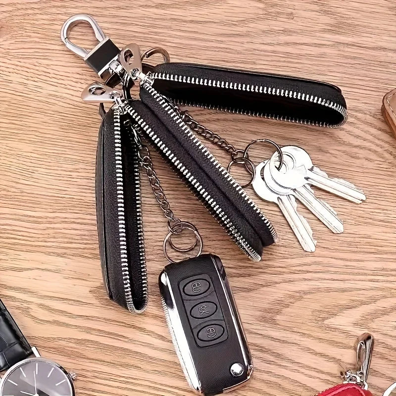 High-End Double Layer Zipper Car Key Holder Leather Key Case Large Capacity Universal Men Women Key Pouch with Keychain