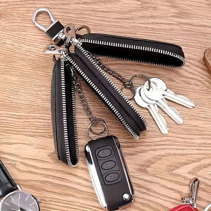 High-End Double Layer Zipper Car Key Holder Leather Key Case Large Capacity Universal Men Women Key Pouch with Keychain