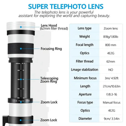 Lightdow  420-800mm f/8.3-16 for Sony Canon Nikon Pentax Olympus Cameras Super HD Manual Telephoto Zoom Lens +Adapter High-Power