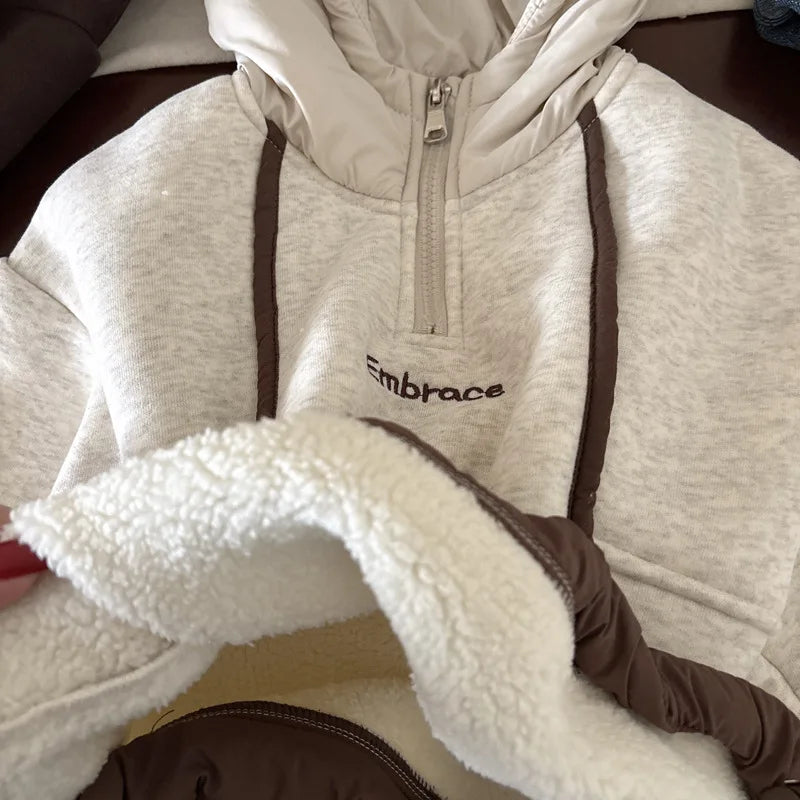 2025 Autumn Winter Children Velvet Sweatshirt Toddler Hooded Tops Kids Clothes Boys Girls Casual Pullover Letter Hoodies