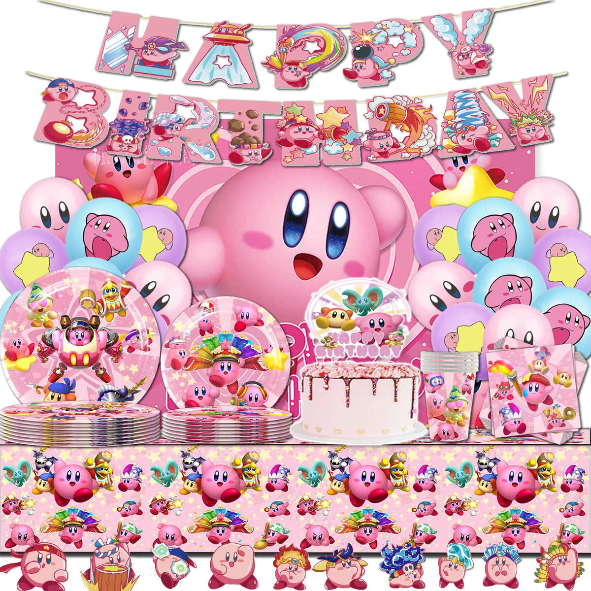 Hot kawaii Star Kirby Birthday Party cutlery plate Disposable Banner Cake Topper Hanging Flag Kirby‌ Balloon Birthday Decoration