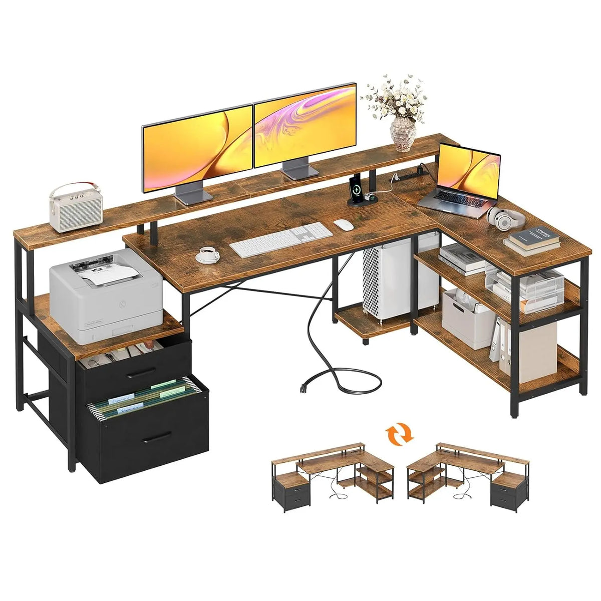 #75" L Shaped Desk with File Drawers, Work from Home Office Desk with Power Outlet, Reversible Computer Desk with, Customized