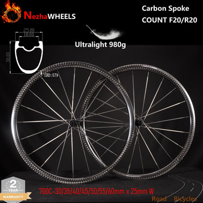 Only 980g Ultralight 700c 25mm Wide Carbon Spoke Racing Wheelset, Disc Brake Tubeless Road Bicycle Wheelset