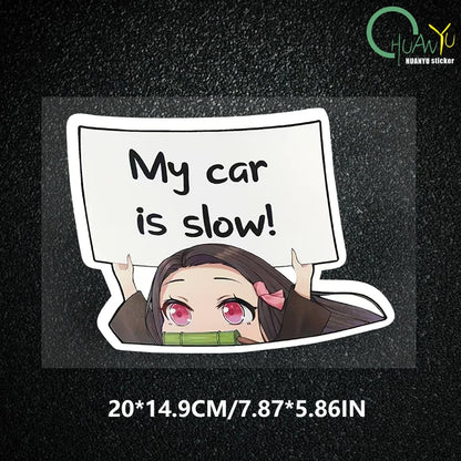 For Demon Slayer Nezuko MY CAR IS SLOW Car Stickers Funny Decal Campervan Vinyl Car Wrap JDM Decals 20CMX14.9CM