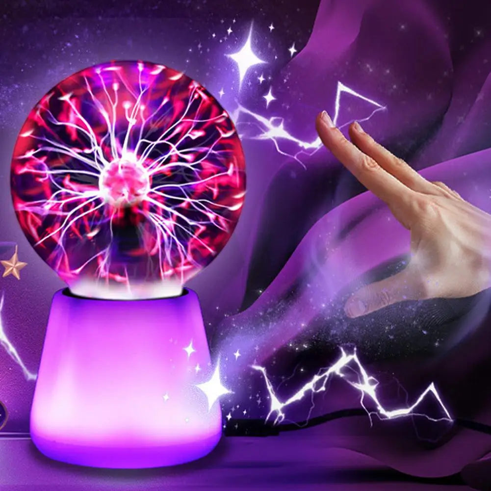 Colorful plasma sphere night light with electric light display and touch-sensitive feature, perfect for bedroom decoration.