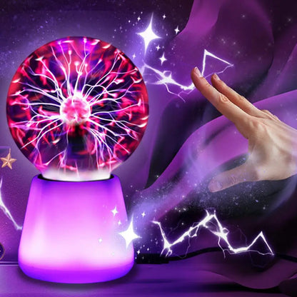 Colorful plasma sphere night light with electric light display and touch-sensitive feature, perfect for bedroom decoration.