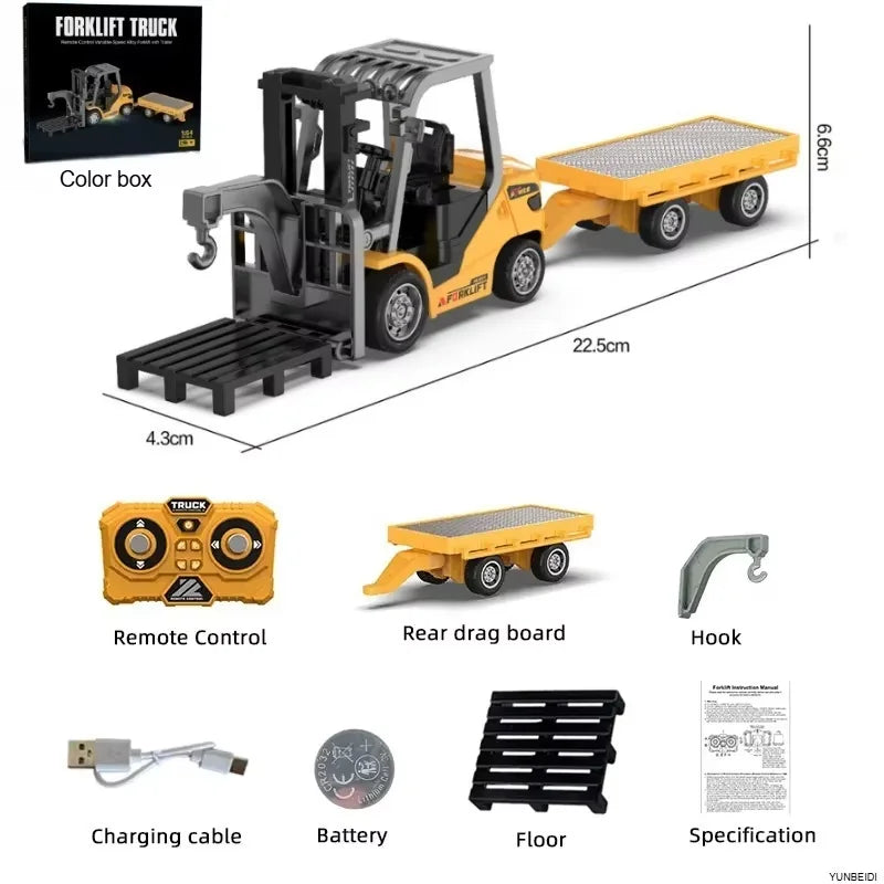 1:64 Mini Remote Control Alloy Excavator Truck Forklift with Trailer Worktop  Bluetooth 2.4GHz RC Car Child's Toy Holiday Gifts