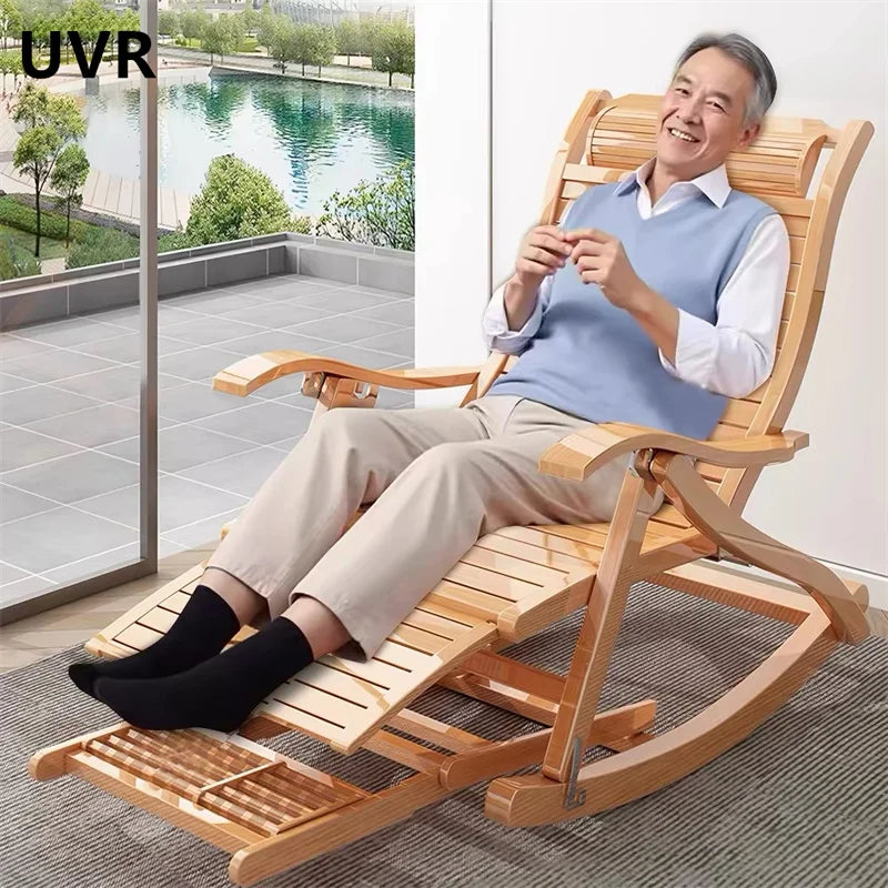UVR Folding Rocking Chair Adult Bamboo Lounge Chair Home Balcony Leisure Armchair Armchair Lazy Sofa Rattan Chair