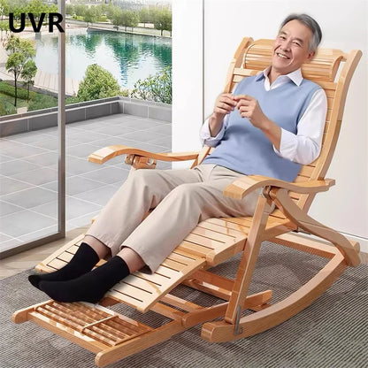 UVR Folding Rocking Chair Adult Bamboo Lounge Chair Home Balcony Leisure Armchair Armchair Lazy Sofa Rattan Chair