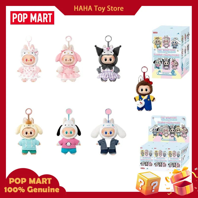 NEW POP MART The Monsters X Sanrio Family Labubu Hello Kitty Kuromi Vinyl Plush Doll Keychain Blind Box Kawaii Toys Kids Gift