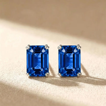 925 Sterling Silver Stud Earrings for Women Blue Sapphire Emerald Color Cubic Zirconia Four Prong Solitaire Earring Jewelry Gift