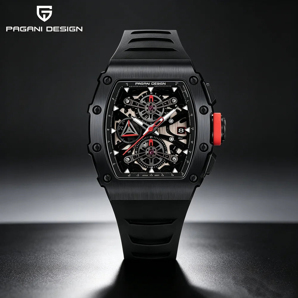 PAGANI DESIGN Wine Barrel Hollow out Men's Time Watch Top Sapphire Stainless Steel Men's Multi Functional Sports Watch