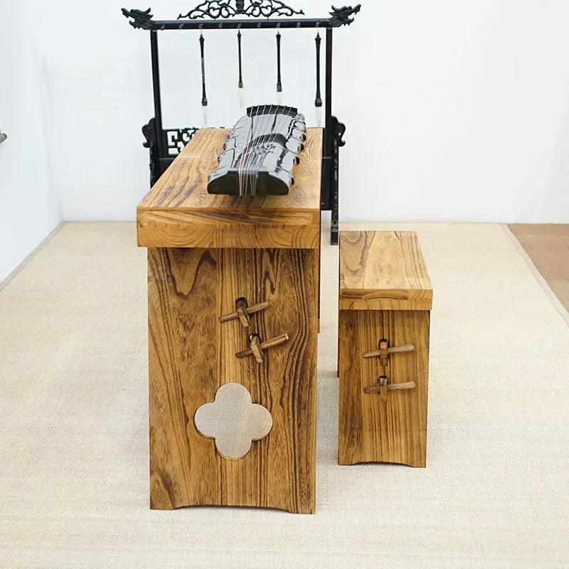Retro Guqin Table With Bench Solid Wood Paulownia Stand Resonance Box Portable Chinese Sinology Desk Tea Table