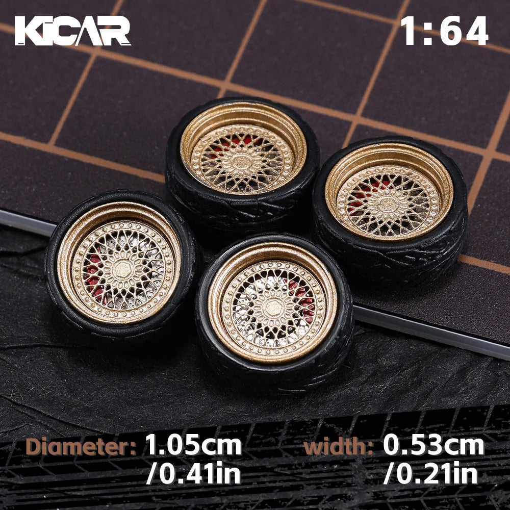 Kicarmod 1/64 10.5mm Alloy Model Wheels with Magnetic Hub Caps-with Rubber Tires for Tomica Custom Diecast Cars