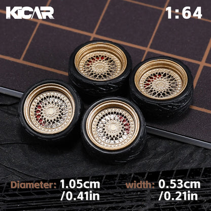 Kicarmod 1/64 10.5mm Alloy Model Wheels with Magnetic Hub Caps-with Rubber Tires for Tomica Custom Diecast Cars