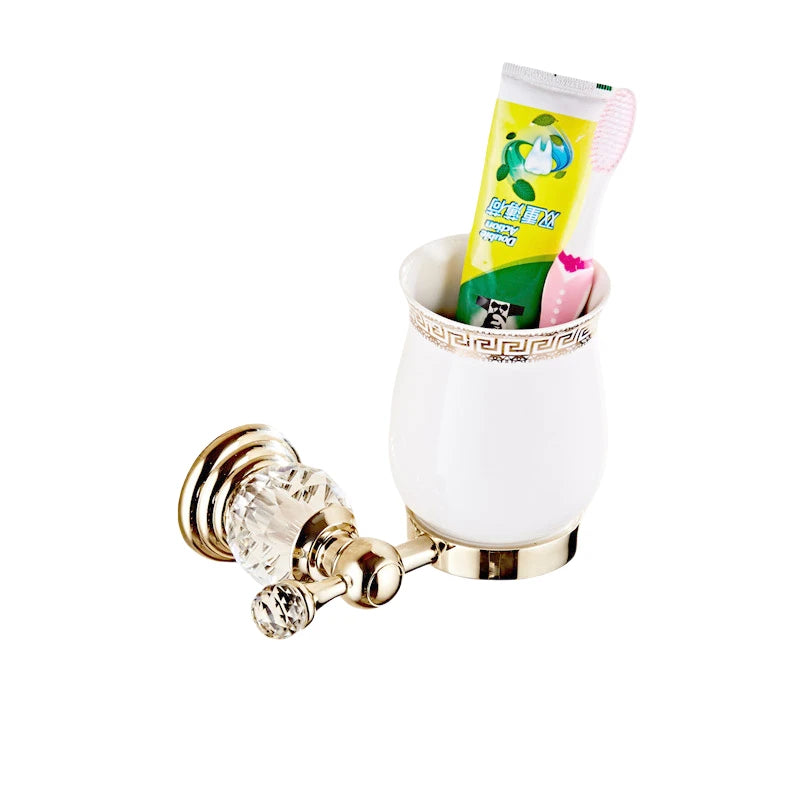 Luxury Gold Polished Brass Bathroom Accessories Set - Wall-Mounted Crystal Bath Hardware Collection
