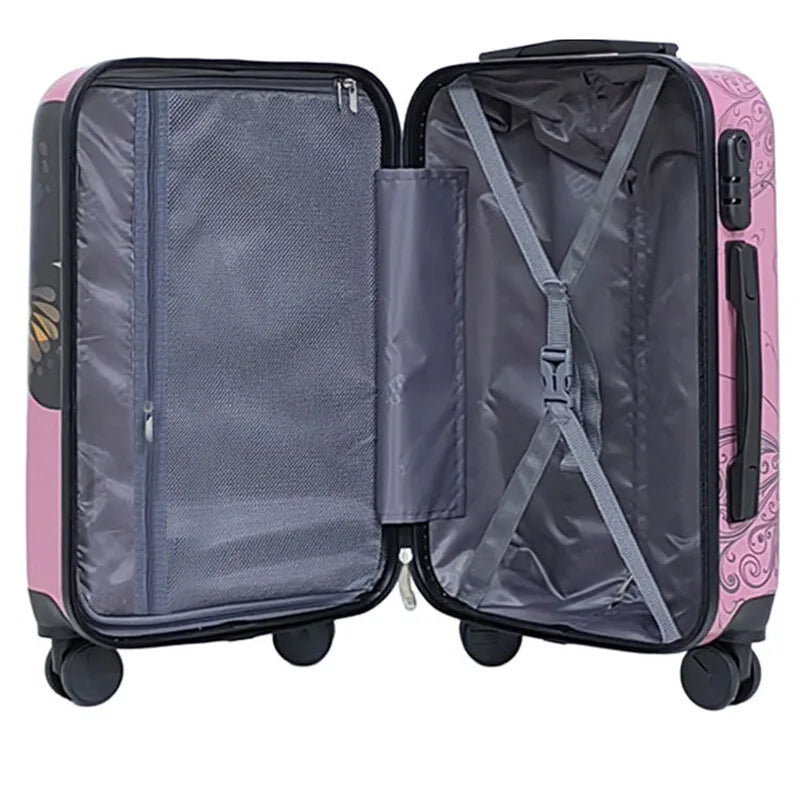 Women's Silent Spinner Wheels Luggage Lightweight Trolley Case Butterfly Pattern Suitcase for Ladies, TSA Lock With Makeup Box
