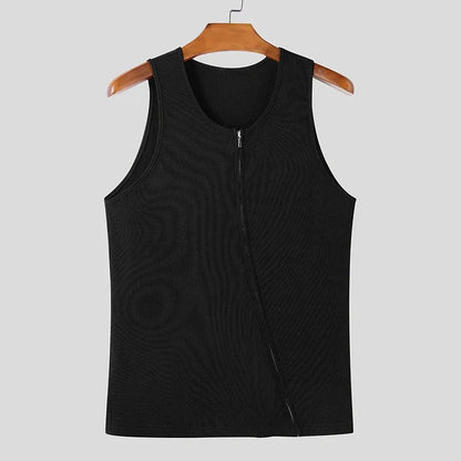 Men's Casual Y2K Ribbed Tank Tops Diagonal Zipper Vest Slim Fit Muscle Gym Sleeveless T-shirts Bodybuilding Workout Tank for Men
