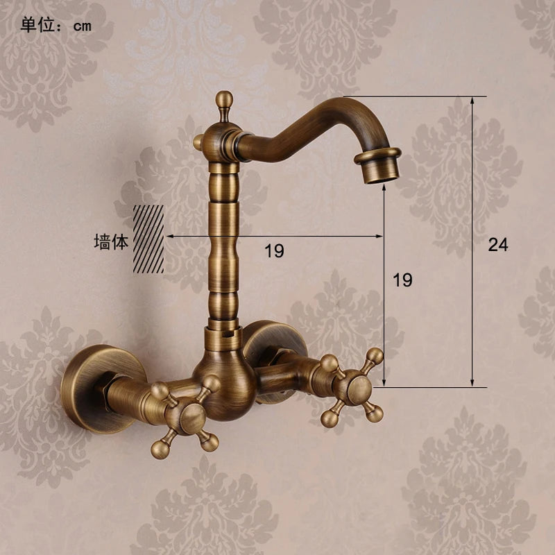 Wall Mounted Two Handles Antique Brass Finish Kitchen Sink Bathroom Basin Faucet Mixer Tap GZ8118