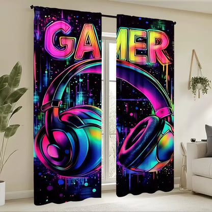 2PC Neon Gamer Headset Graffiti Sheer Curtains - Gaming Themed Print Window Drapes for Man Cave Bedroom Decor