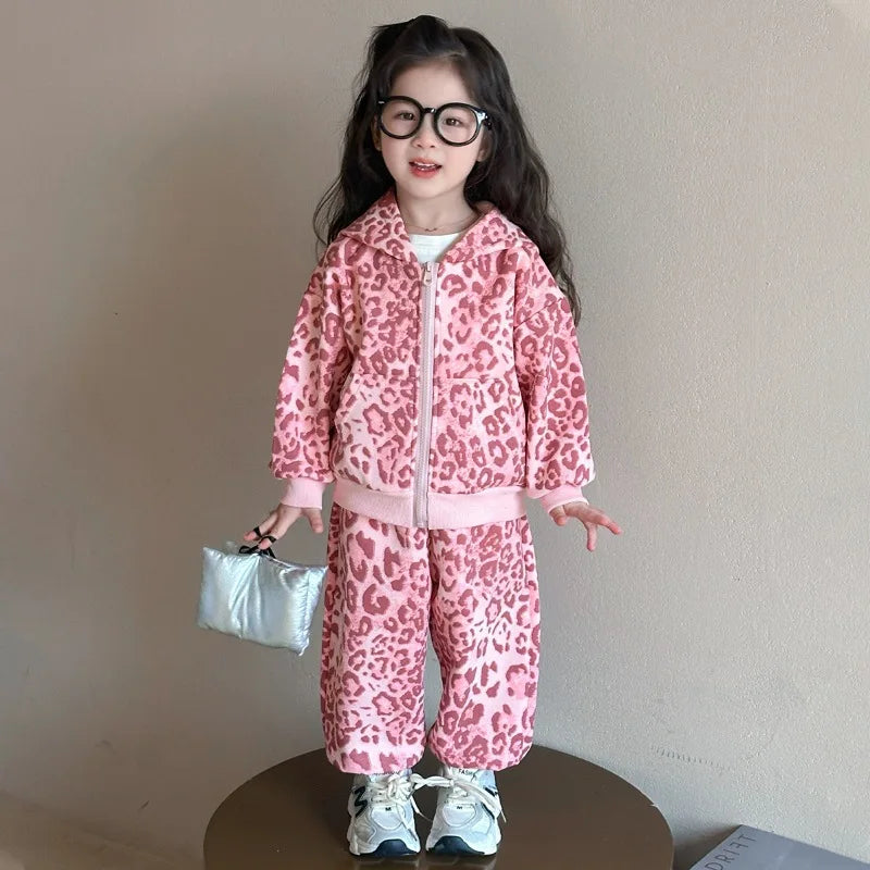 Girls Suit 2025 Autumn and Winter New Children's Clothing Korean Style Girl Baby Fashion Leopard Print Hoodie Sports Two Sets