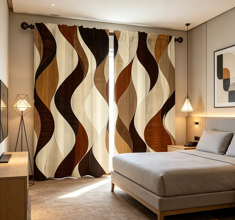 2PCS Digital Printed Curtains with Earthy Waves Design, Stylish Window Drapes for Living Room Bedroom Home Decoration and Kitche