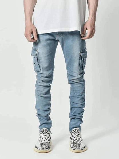 2026Jeans Men Pants Wash Solid Color Multi Pockets Denim Mid Waist Cargo Jeans Plus Size Fahsion Casual Trousers Male Daily Wear
