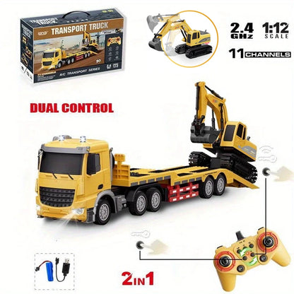 1/12 Rc Flat Truck with Excavator 11Ch Alloy Engineer Vehicle 2.4G Remote Control Car Radio Controlled Trailer Toys for Boy