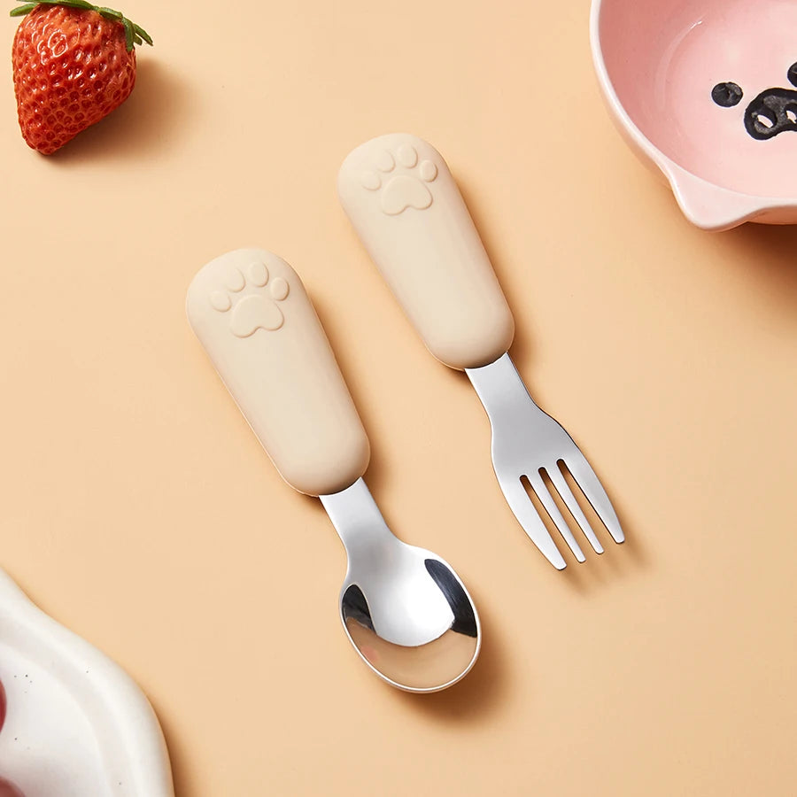 304 Stainless Steel Tableware Spoon Bears Paw Style Short Handled Fork Spoons, Learning to Eat, Small Auxiliary Training Spoons