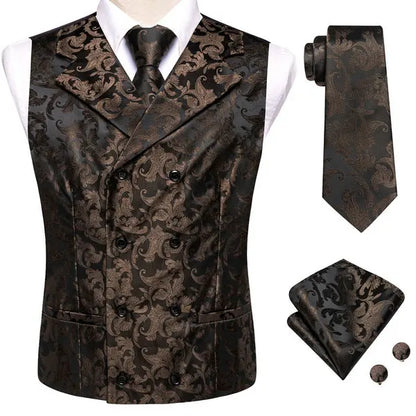 Formal Men V-Neck Waistcoat 4-in-1 Set Vest Tie Pocket Square Cufflinks Wedding Dress Accessory
