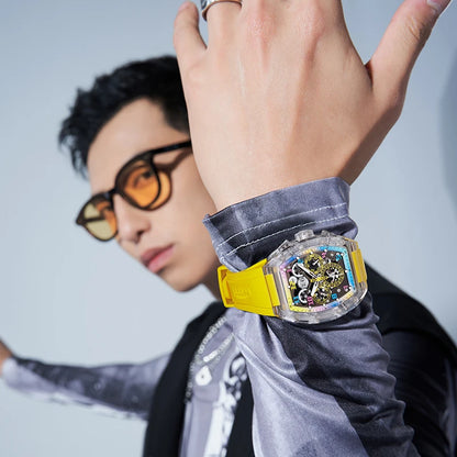 BONEST GATTI Men Automatic Watch Tonneau Mechanical Wristwatch Crystal Case Rubber Band Month Week Date Multi Dial Watches