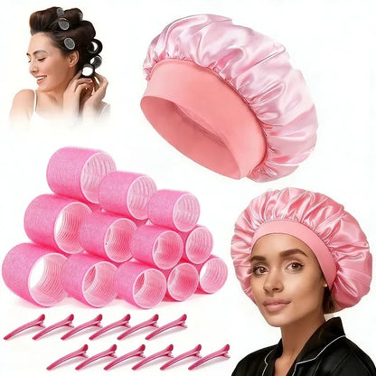 31Pcs Heatless Hair Curlers Set with 18 Self Grip Rollers 12 Clips Satin Nightcap for Overnight Natural Waves Styling Kit